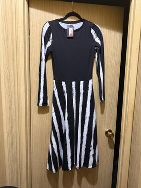 Black and White Long Sleeve Stripe Fit-and-Flare Dress